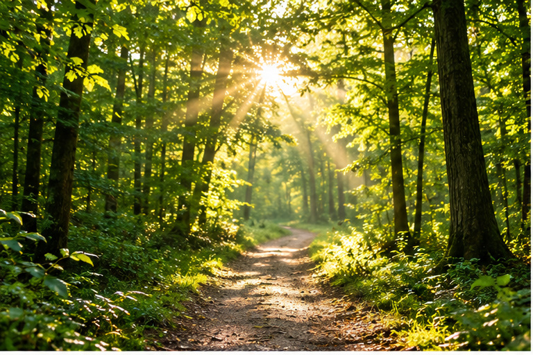 Weiter Blick in den sonnigen Wald
